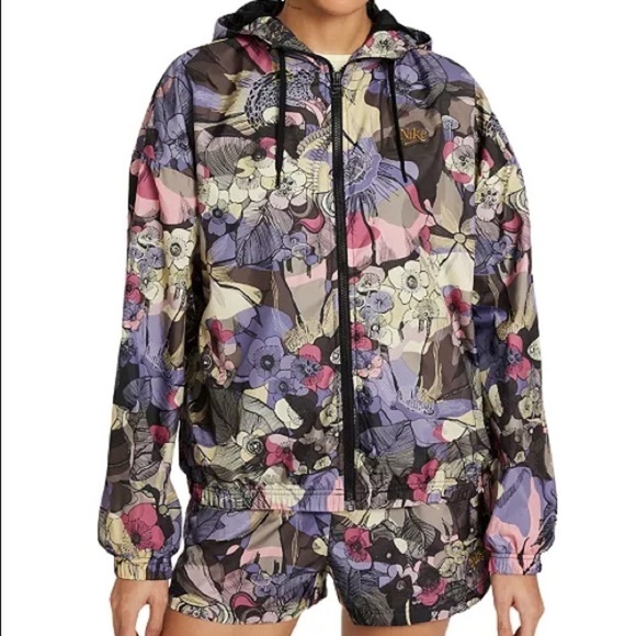Nike Oversized Hooded Zip Up Jacket wind runner purple floral medium new - Picture 1 of 7